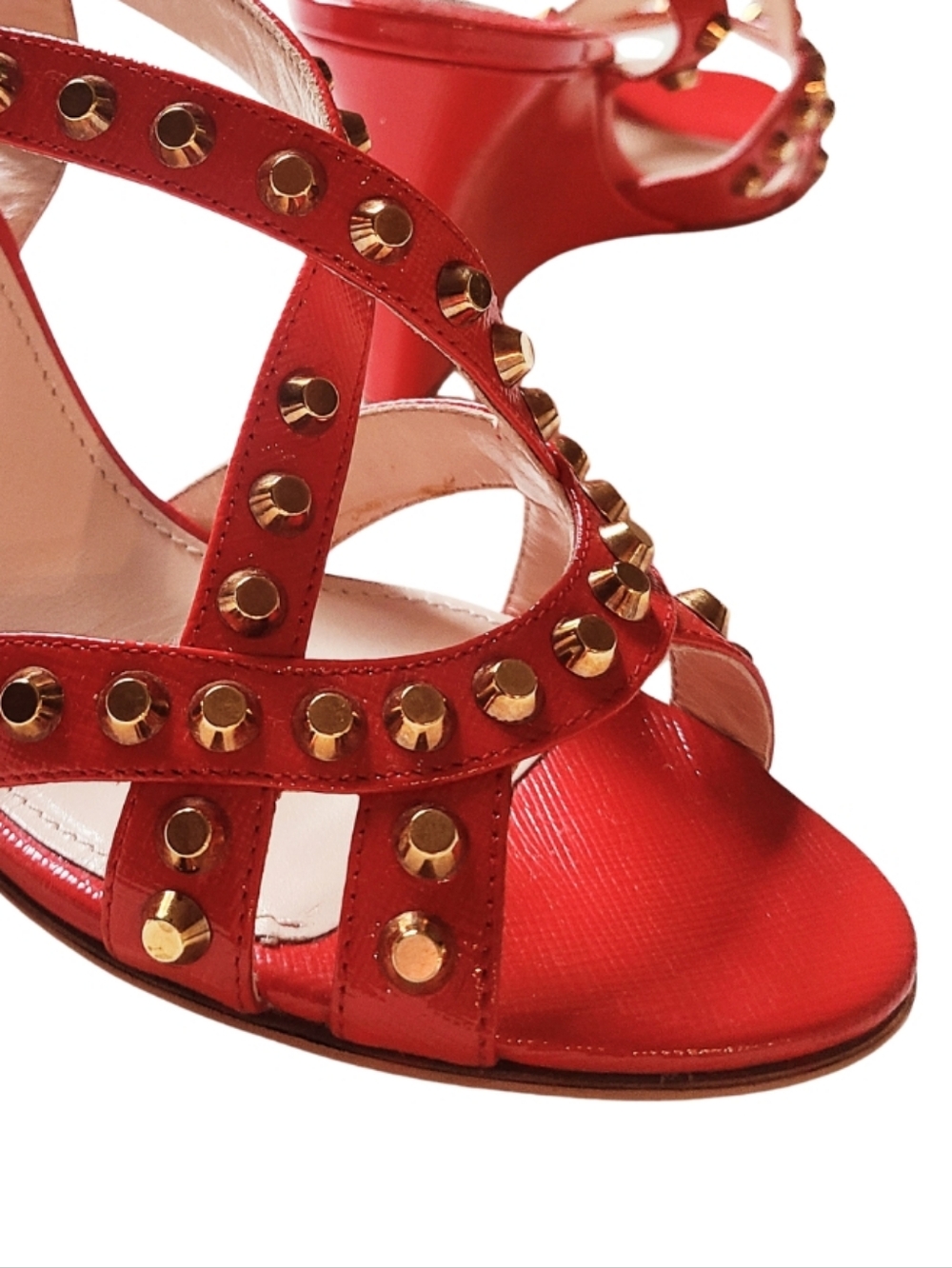 PRADA *EUC* Red Patent Leather Gold Studded Strappy Wedge Sandal 36.5 - Picture 2 of 8